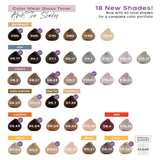 Color wear gloss toner shade chart with 18 new shades on a white background