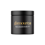 Black container of Glamourice Rice Water Hair Gel on a white background