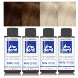 Four bottles of Paul Mitchell hair color with different shades - 3BV 6BV 9BV 10BV on a white background
