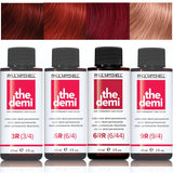 Four bottles of Paul Mitchell the demi hair color with color swatches above - 3R 6R 6RR 9R - on a white background
