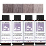 Four bottles of Paul Mitchell the demi hair color with color swatches above on a white background. - 7PA 8PA 9PA 10PA