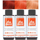 Three bottles of Paul Mitchell the demi hair color with color swatches - 3OR-6OR-9OR above on a white background.
