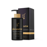 LOLALIN glamourice Black hair serum bottle with wooden pump and matching box on a white background