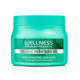Green jar of Wellness Premium Products organic hemp seed oil deep hydrating hair mask on a white background