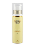 A 250 ml pump bottle of Anna Lotan Liquid Gold Cream Gel, featuring a pale yellow label with gold accents and a clear cap, set against a plain white background.