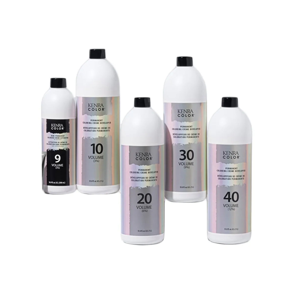 Set of Kenra Color hair product developers - 4 bottles with different volume levels on a white background