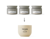 Three Keune hair product jars with an arrow pointing to the new 'Top Form' jar that replaced them all on a white background.