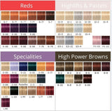 schwarzkopf Hair color chart with various shades of reds, highlights, pastels, specialties, and high power browns.